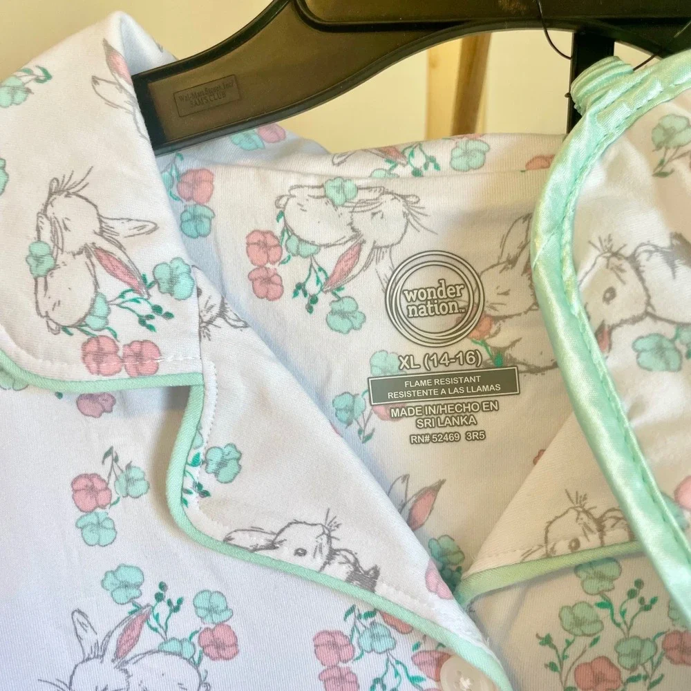 Wonder Nation‎ Girls 3-Piece Pajama Set Bunny Floral White Pink XL 14-16 NWT